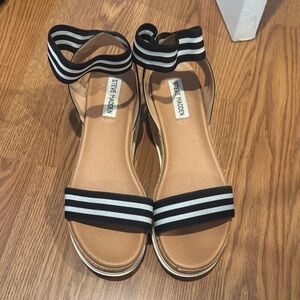 Steve Madden Black and White Striped Ankle-Strap Sandals